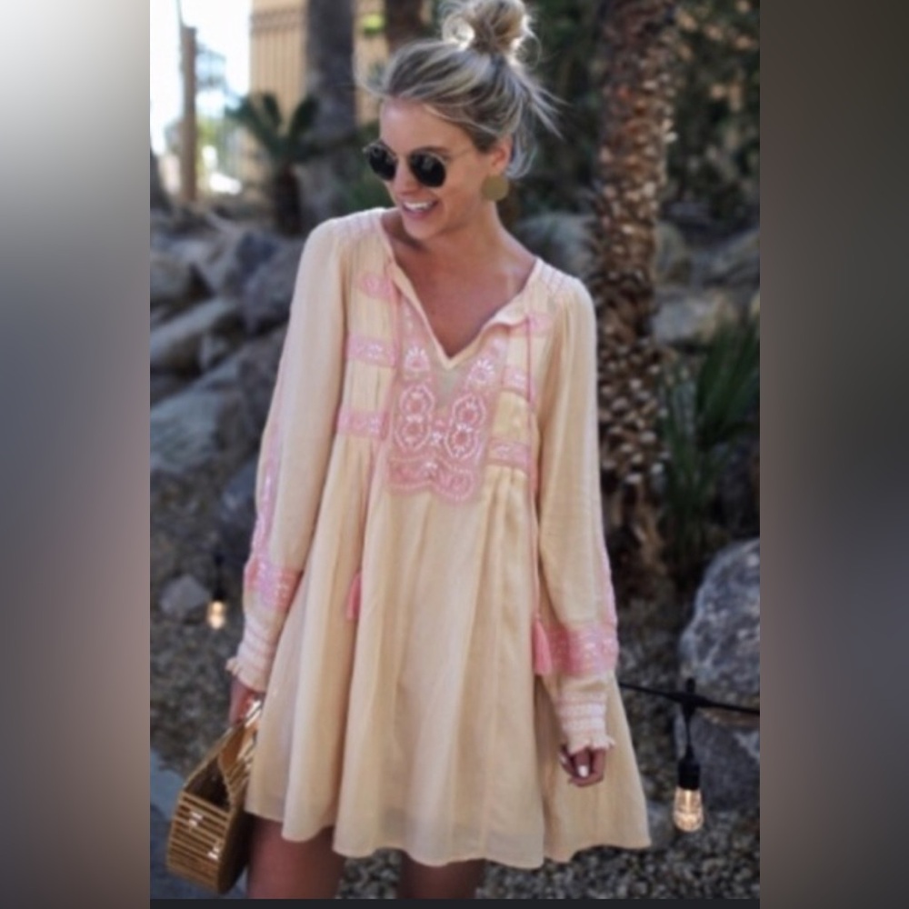 Free People boho embroidered tunic dress Pink and yellow tassel peasant top